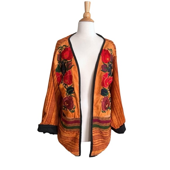 Vintage Latin American Embroidered Huipil Jacket - Folk Art Open Front Global L - Picture 2 of 14